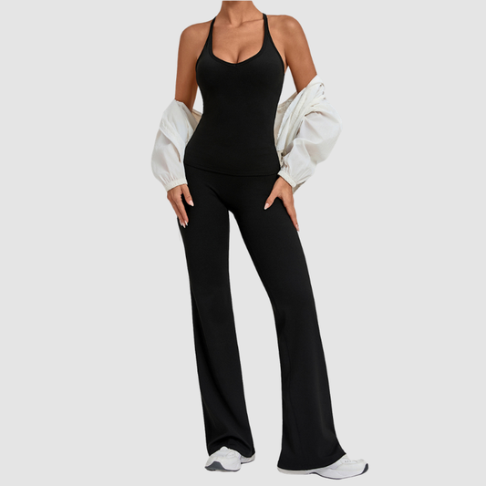 Wholesale Women's Racerback Yoga Set – Double-Layer Chest Pad Cross Waist Flare Pants