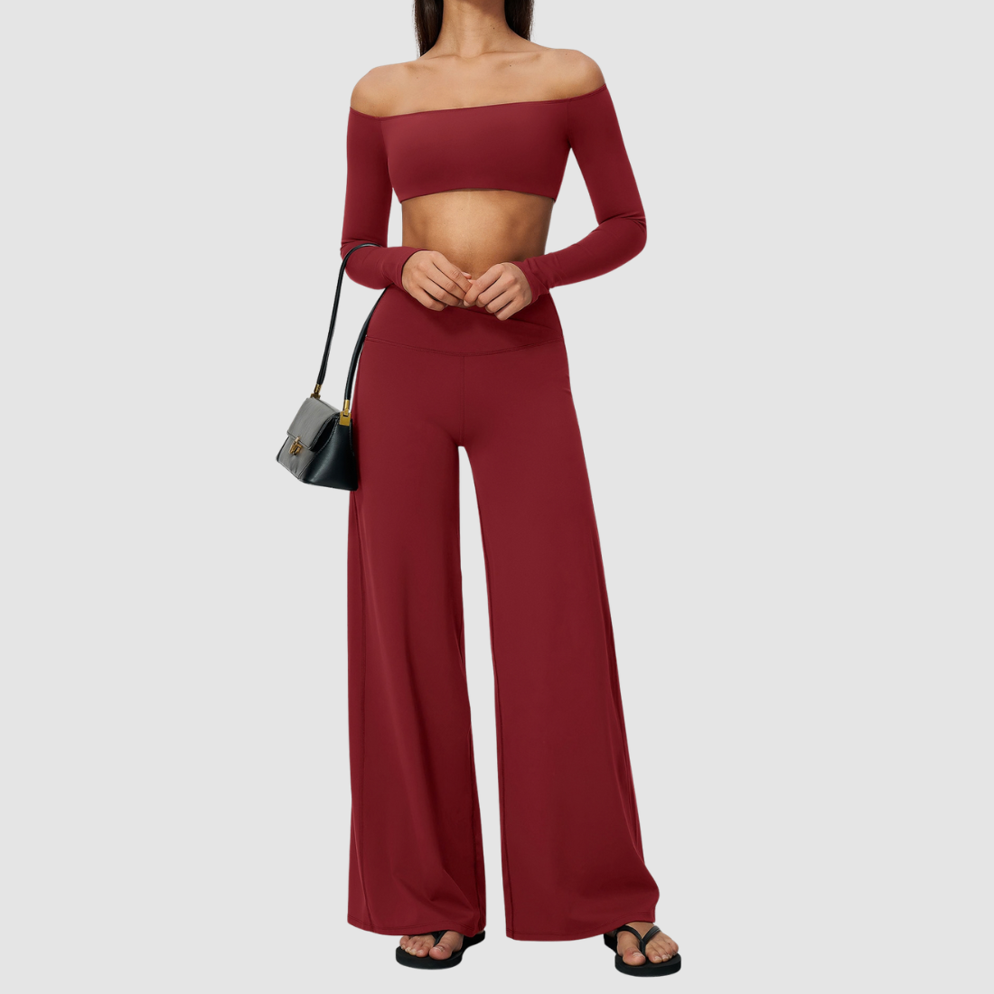 Wholesale Women's Long-Sleeve Tops + Wide-Leg Pants Fitness Two-Piece Set