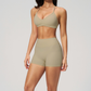Wholesale Women's Halter Neck Sports Bra & High-Waist Booty Shorts Set – Seam-Detail Quick-Dry 2-Piece Yoga Set