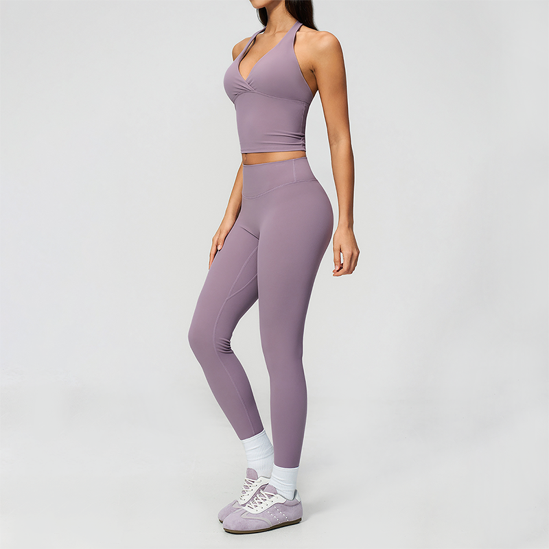 Wholesale Women's Cream-Feel Fleece Deep-V Halter Neck Tank Top & Leggings Set