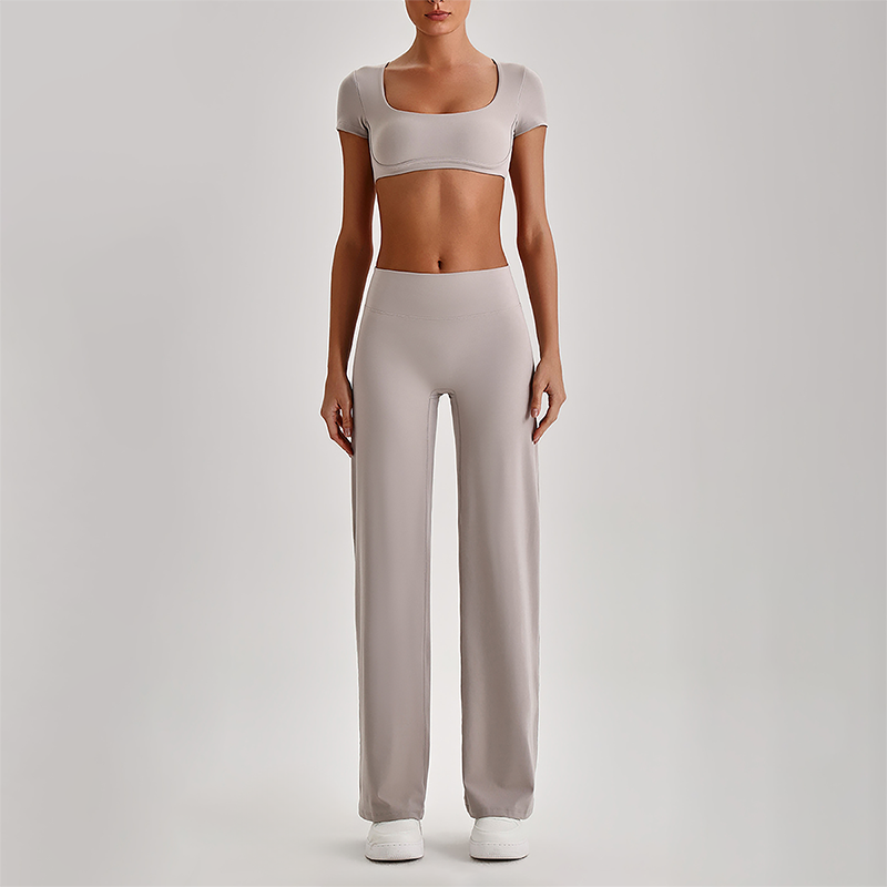 Wholesale Women's Short Sleeve Exposed Back Bra+Naked Feel Straight Leg Pants Yoga Set