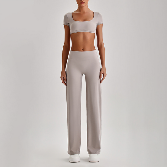 Wholesale Women's Short Sleeve Exposed Back Bra+Naked Feel Straight Leg Pants Yoga Set