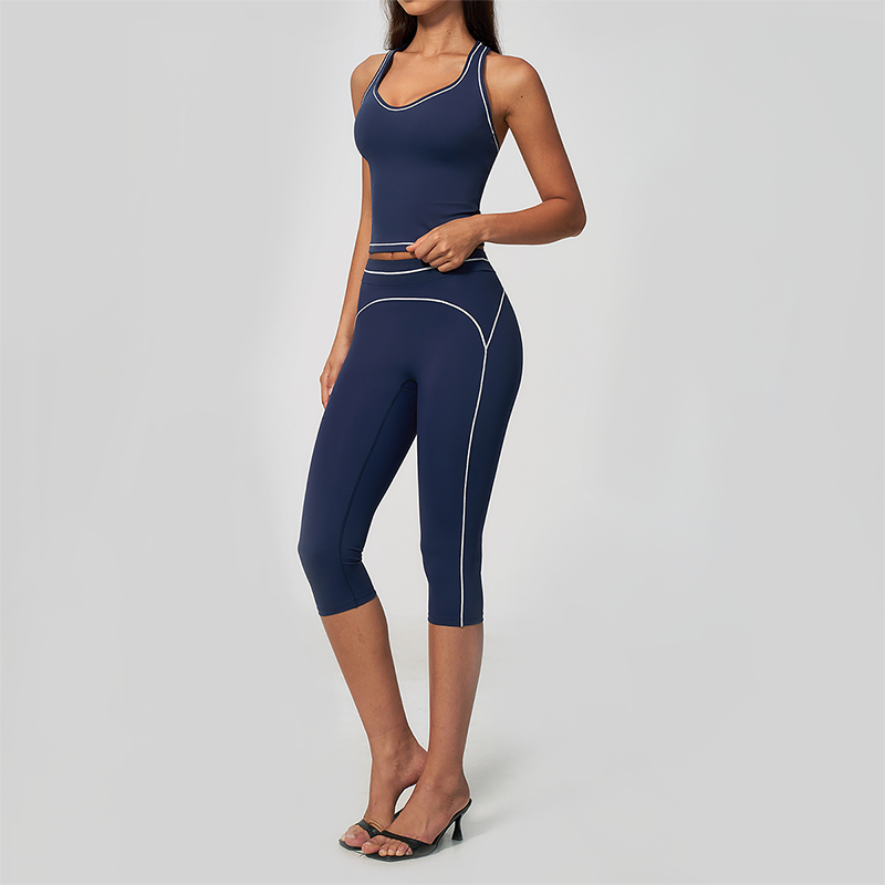 Wholesale Women's Colorblock Brushed Yoga Set: Halter V-Neck Top & Capri Pants