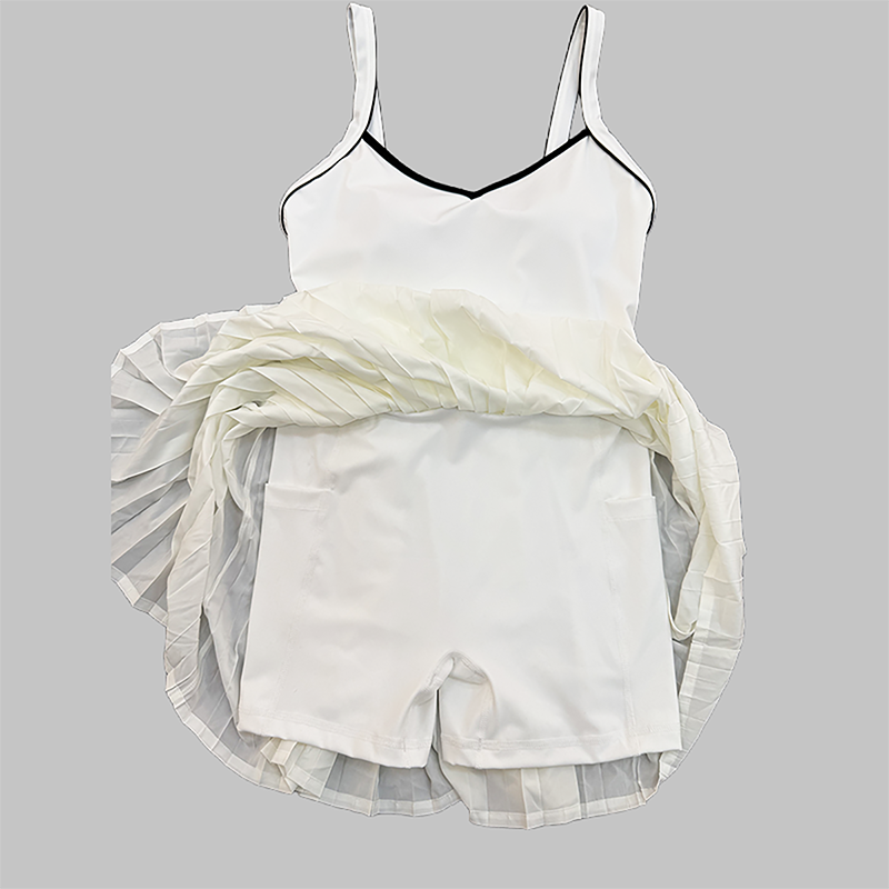 Wholesale Women's Colorblock Open-Back Tennis Dress – Anti-Exposure Pleated Yoga Skirt with Pockets