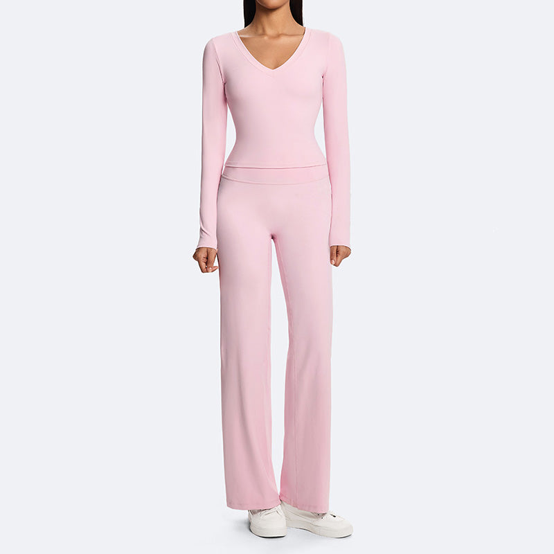 V-neck long-sleeved top + straight-leg pants 2-piece set