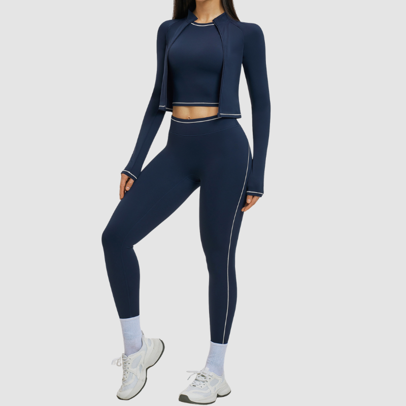 Color blocking nude sports jacket+Sport Bra+Legging running fitness 3-piece set