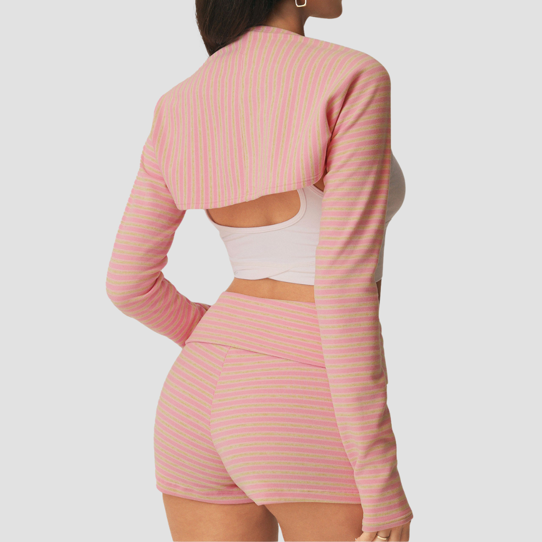 Wholesale Women's Striped Yoga Set – Long Sleeve Shrug & Foldover Shorts