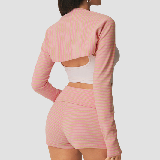 Wholesale Women's Striped Yoga Set – Long Sleeve Shrug & Foldover Shorts