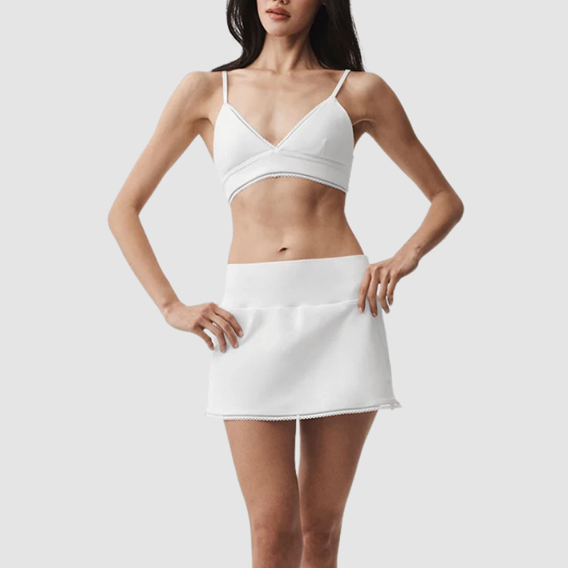Wholesale Women's Lace Trim Bra & Mini Skirt & Cardigan 3-Piece Yoga Set