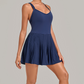 Wholesale Women's Fake Two-Piece Tennis Dress – Anti-Exposure Pleated Yoga Skirt w/ Built-in Shorts