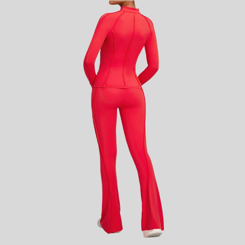 Thumb-buckle zipper jacket + slightly flared pants+2-piece set