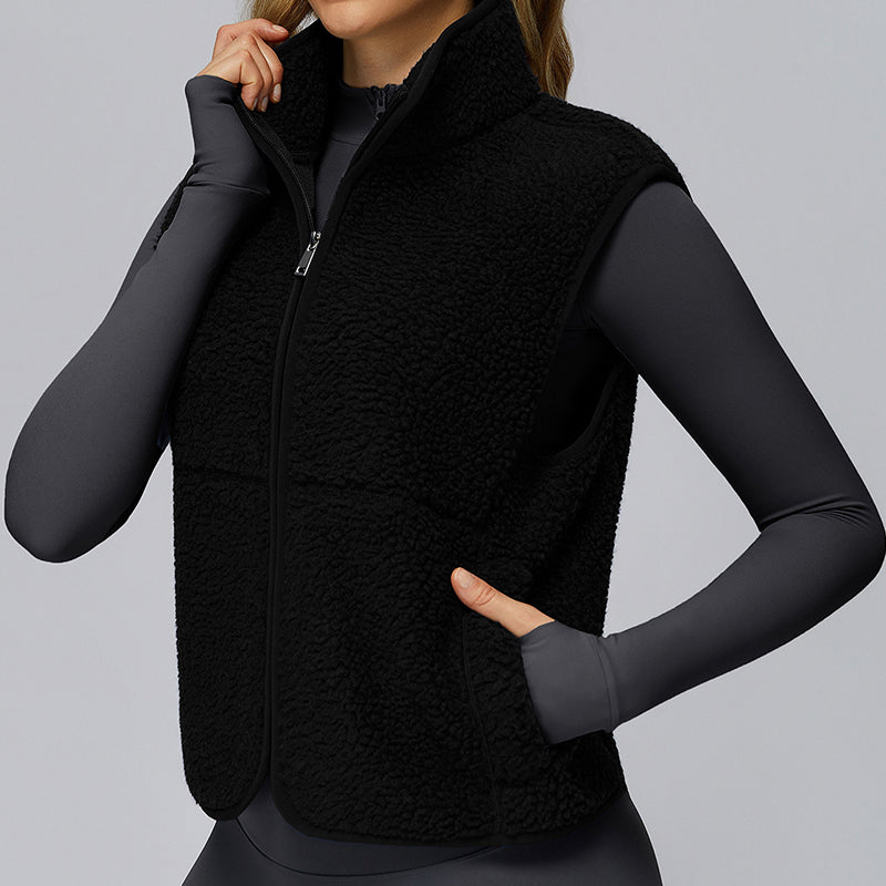 Stand collar plus velvet sleeveless zipper sports vest