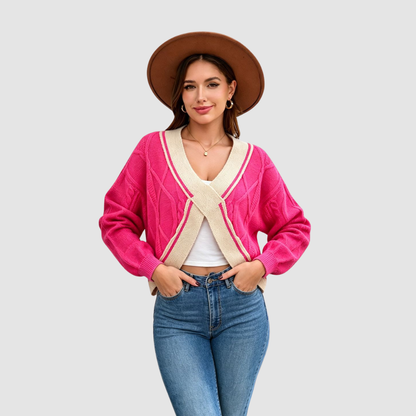 Wholesale Women’s Contrast V-Neck Cropped Knit Sweater