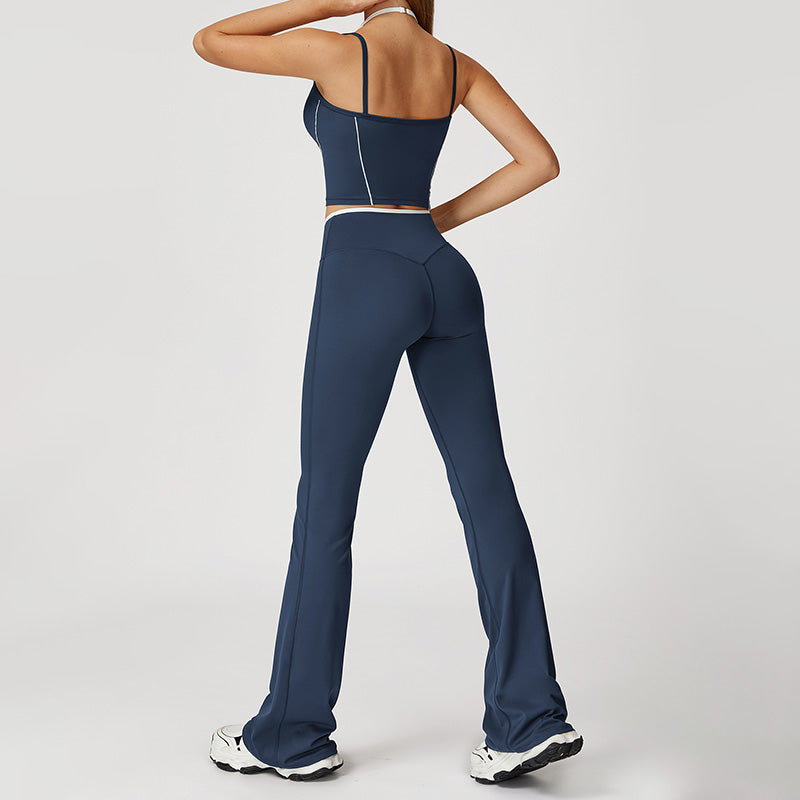 Fake two-piece halter tank top + High-waisted flared leg pants Set