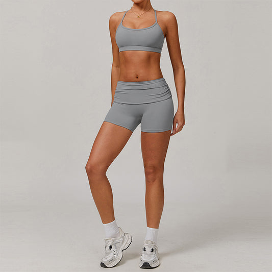 Cruce y correas delgadas Sports Bras + Shorts de cintura alta de 2 piezas