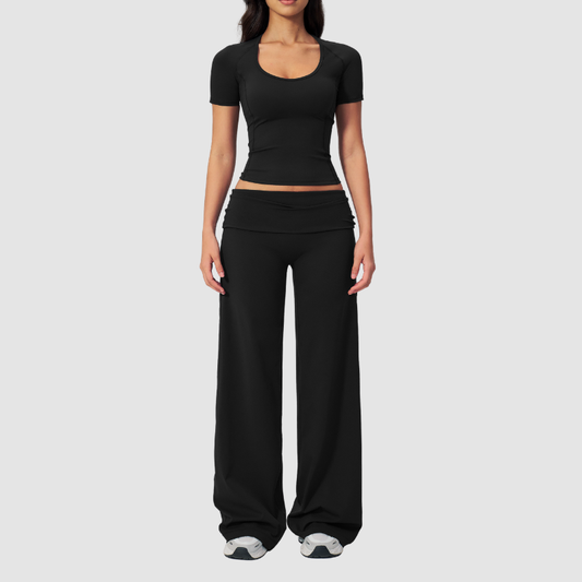 Wholesale Seam-Detail Cropped T-Shirt & Folding waist Flare Leggings Set