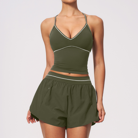 Wholesale Women's Brushed Yoga Set: Halter V-Neck Bra & Shorts – Colorblock Quick-Dry