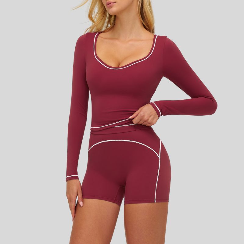 Color-blocked long-sleeved sports top+High waisted shorts 2-piece set