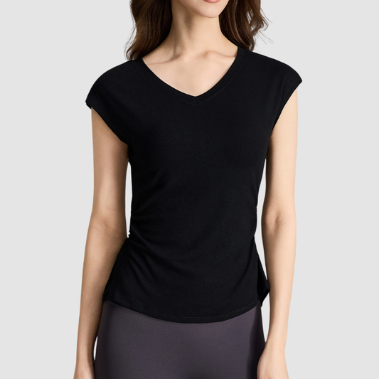 Wholesale Women's V-Neck Open-Back Short Sleeve Yoga T-Shirt – Pilates Bare-Feel Fitness Top