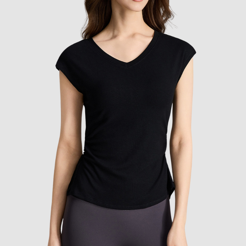 Wholesale Women's V-Neck Open-Back Short Sleeve Yoga T-Shirt – Pilates Bare-Feel Fitness Top