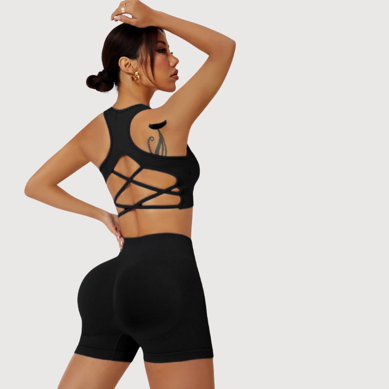 Cross-back sports high-waisted shorts two-piece set
