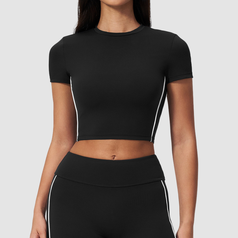 Wholesale Women's Brushed Contrast Piping Short Sleeve Crop Top – Moisture-Wicking Yoga Gym Fitness