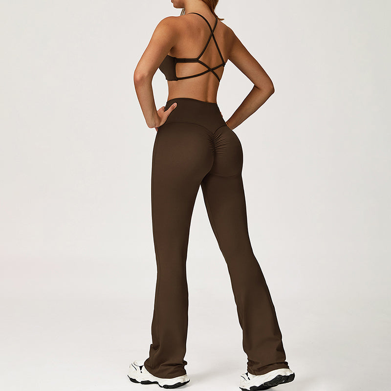 Cross-Back Sports Bra + Flared Leg Pants 2-Piece Set