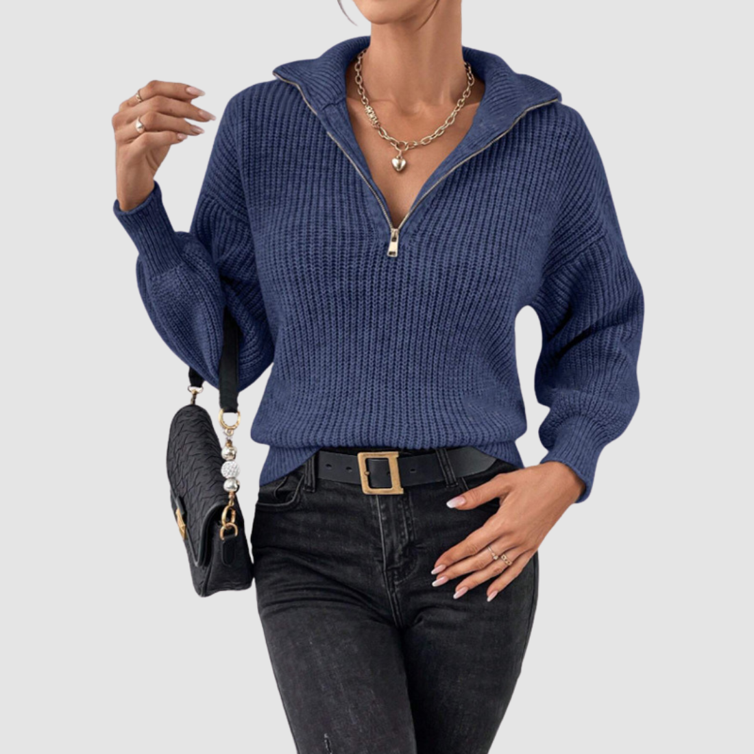 Wholesale Women's Sweaters Polo-Collar Zip Long-Sleeve Knit Sweater Top