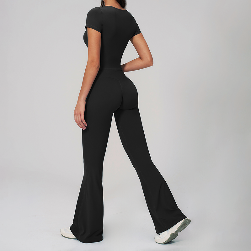 Wholesale Seam-Detail Cropped T-Shirt & Flare Leggings Set – Brushed Yoga 2-Piece