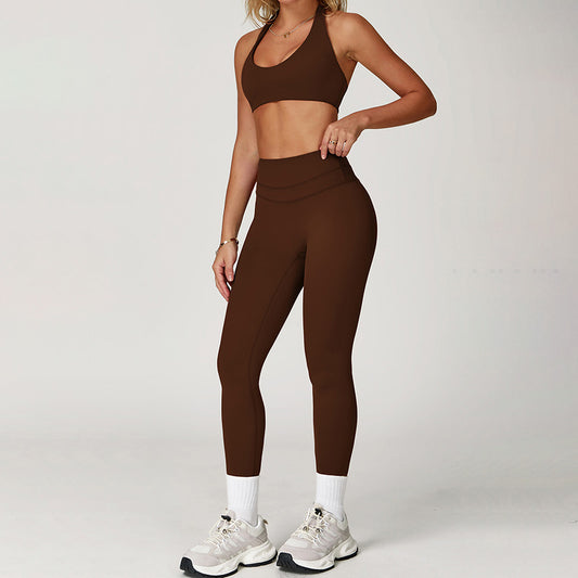 Brushed halter backless Sports Bra + High-Waist leggings 2-Piece Set
