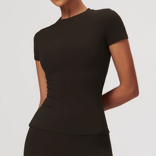 Brushed short sleeve and round neck yoga top