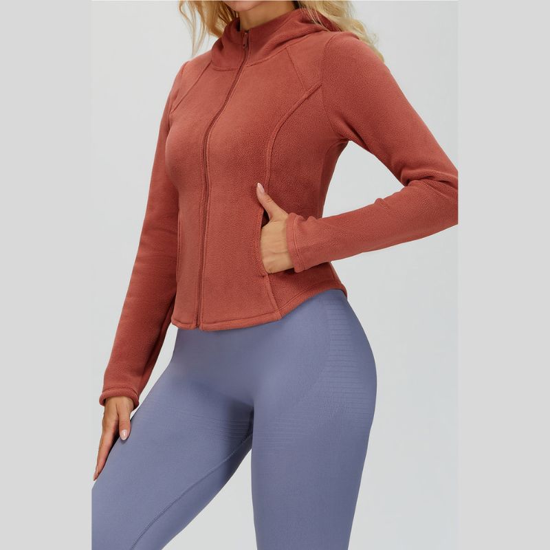 Fleece-lined hooded jacket with zipper.