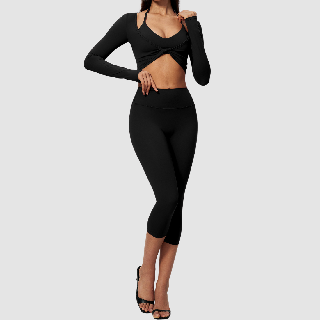 Wholesale Women's Activewear Brushed Bra, Capri Pants & Long-Sleeve 3-piece Yoga Set