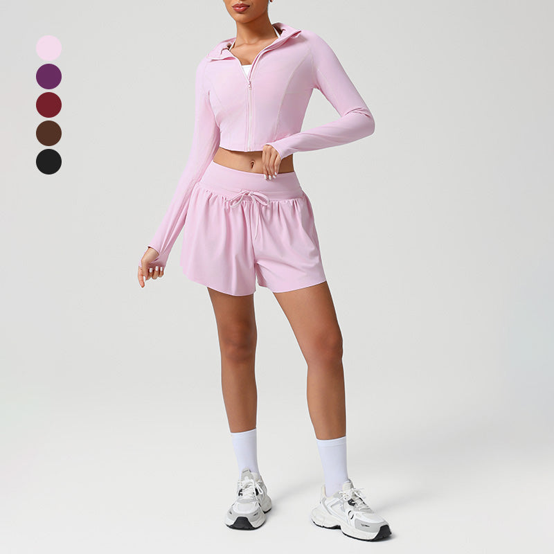 Snug-Fit Naked-Feel Hooded Jacket + High-waisted Loose Drawstring Shorts 2-Piece Set