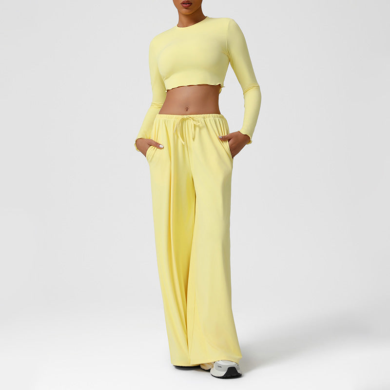 Snug-Fit Cropped Long Sleeves + Loose Drawstring Wide-Leg Pants 2-Piece Set