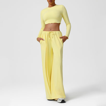 Snug-Fit Cropped Long Sleeves + Loose Drawstring Wide-Leg Pants 2-Piece Set