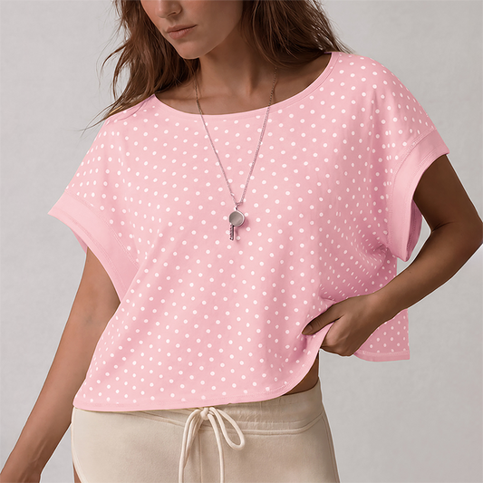 Wholesale Women's Hollow Polka Dot Yoga Cover-Up – Loose Fit Open-Back Short Sleeve Gym Top