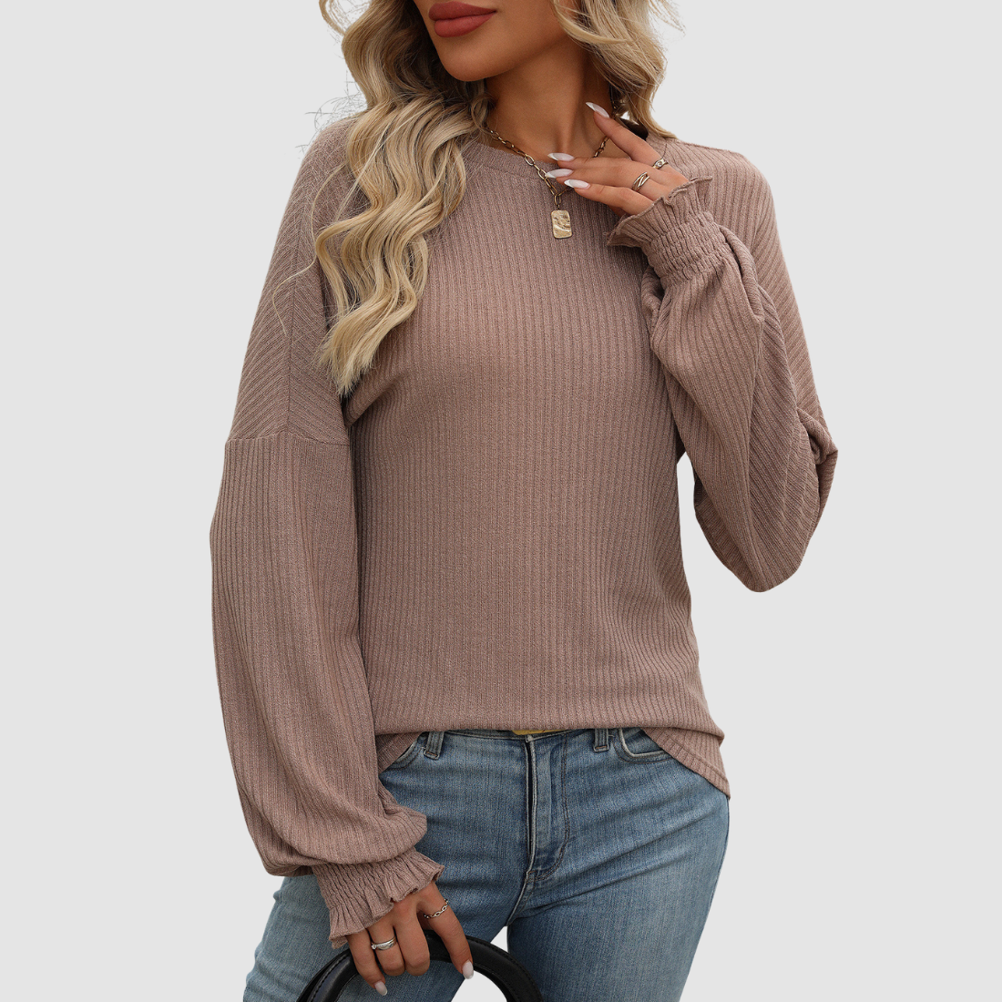 Wholesale Women's Ribbed Long Sleeve T-Shirt – Loose Ruffle-Sleeve Top