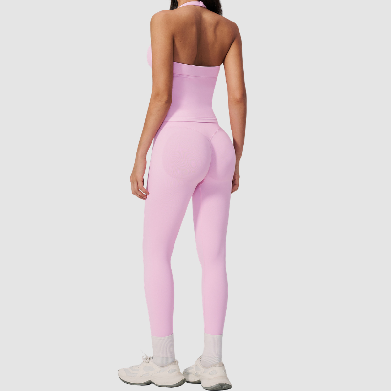 Wholesale Women's Halter Sports Bra & Full-Length Leggings Set – Seamless Peach-Lift Yoga Activewear