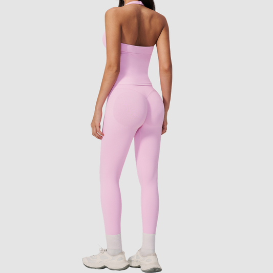 Wholesale Women's Halter Sports Bra & Full-Length Leggings Set – Seamless Peach-Lift Yoga Activewear