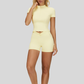 Slim-fit stand-up collar short-sleeved top+Pleated waistband sport shorts 2-piece set