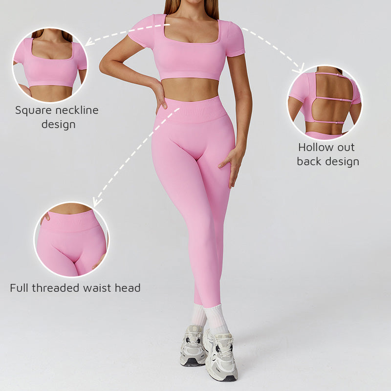Seamless Short Sleeve Sports Top + hoch taillierte Leggings 2-teilige Leggings