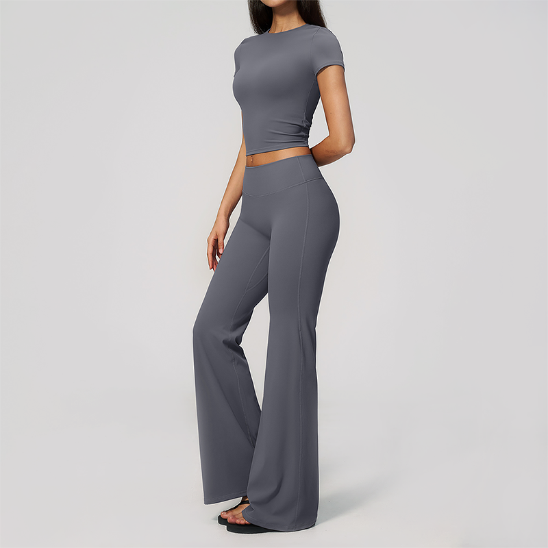 Wholesale Women's Buttery Soft Short Sleeve Crop Top & Flare Pants Yoga Set