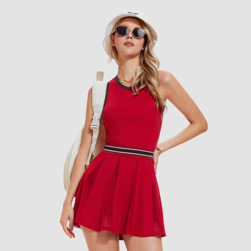 Wholesale Women's Open-Back Color-Block Sleeveless Tennis Dress – Anti-Exposure Sporty Dress