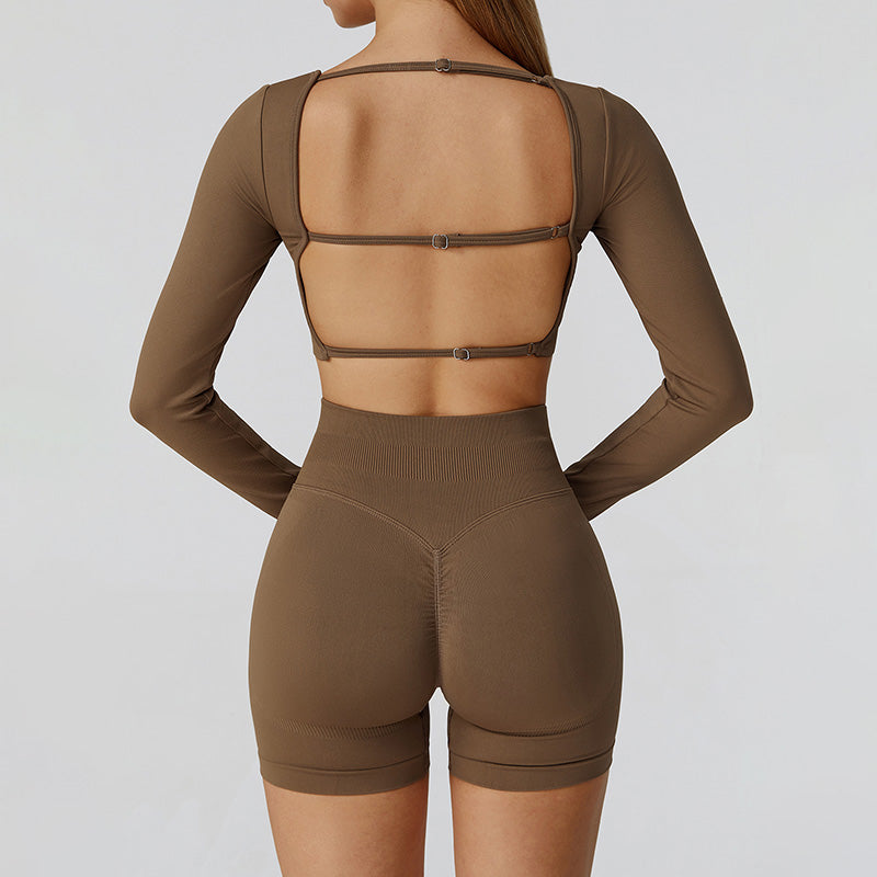 Seamless long sleeve Sports top + High-waisted shorts 2-Piece Set