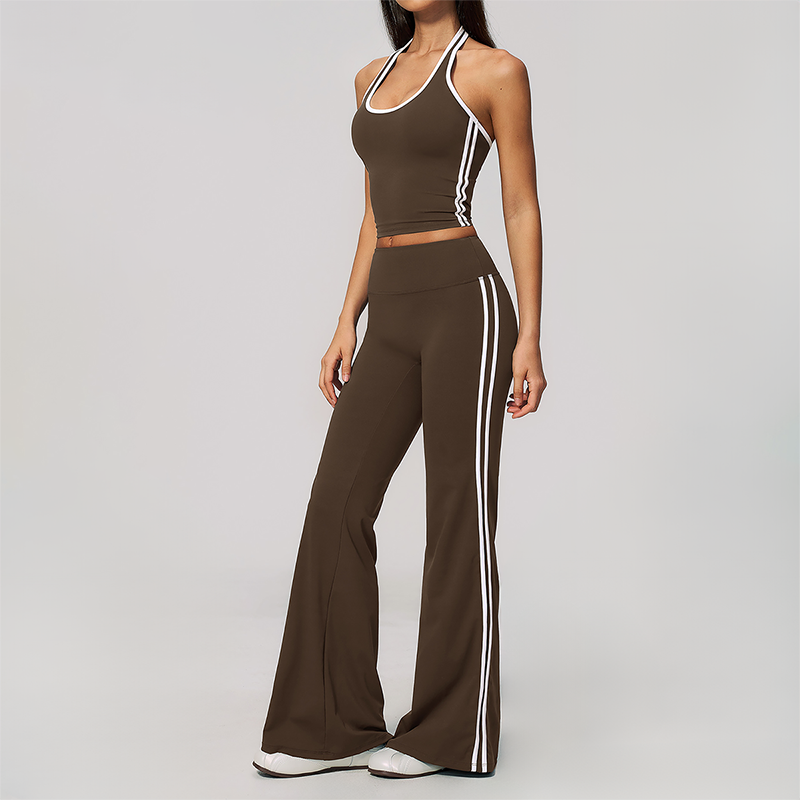 Wholesale Women's Bare-Feel Color-Block Tank Top & High waisted flared pants Set