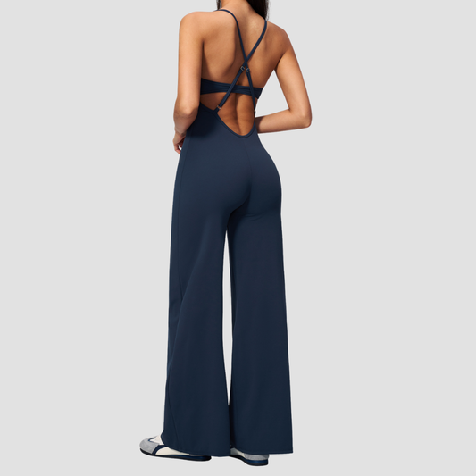 Wholesale Women's Brushed Yoga Jumpsuit – Cross Back Wide-Leg Athletic Bodysuit w/ Chest Pad