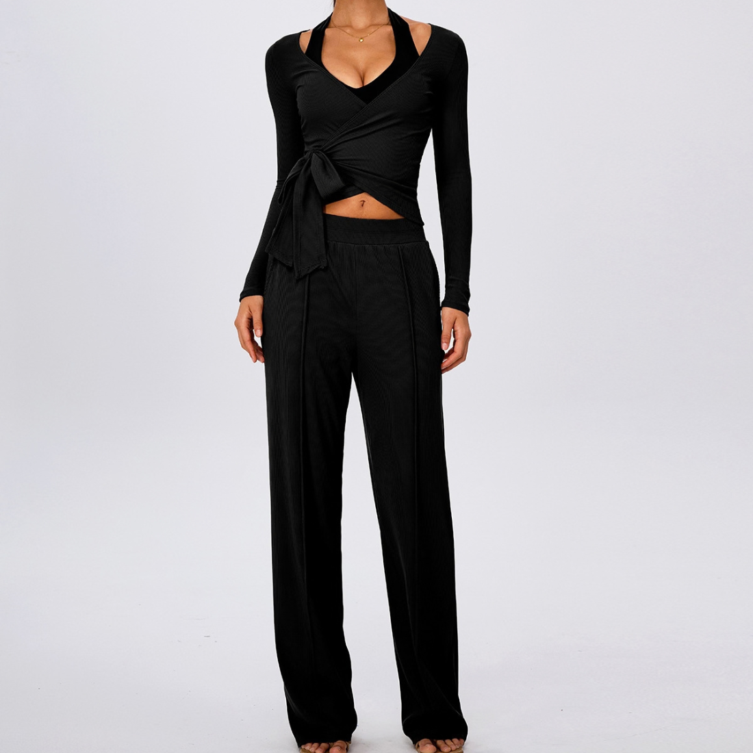Wholesale Women's Padded Sports Bra+Tie-Front Long-Sleeve+Wide-Leg Pants Yoga Set