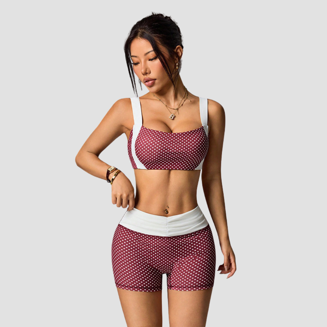 Wholesale Women's Colorblock Polka Dot Yoga Set – Strappy Bra & Shorts