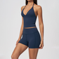 Wholesale Women's Halter Neck Yoga Set – Deep V-Neck Bra & High-Waist Shorts